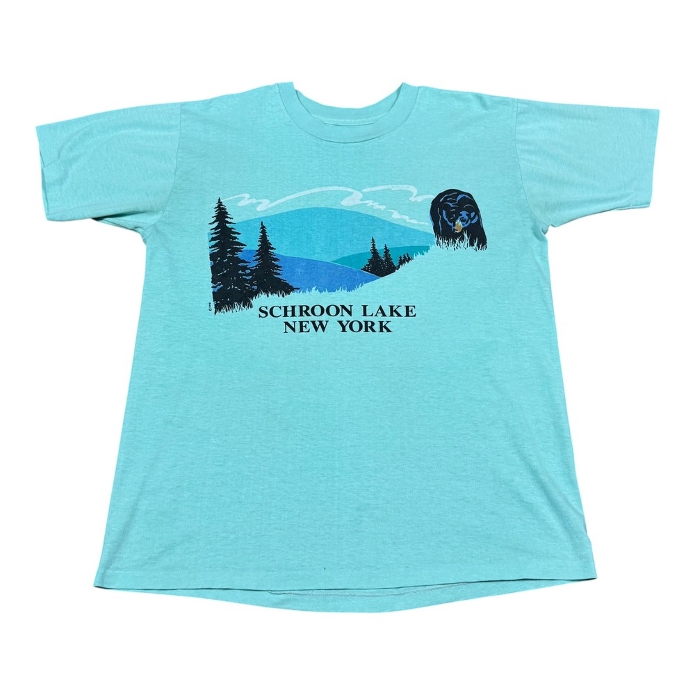 Vintage 80s 90s‎ Schroon Lake New York Nature Black Bear Shirt Men's Large FLAWS